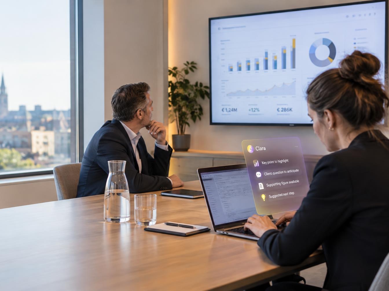Accountant ontvangt privé input van Clara terwijl de klant de cijfers op het vergaderscherm bekijkt.